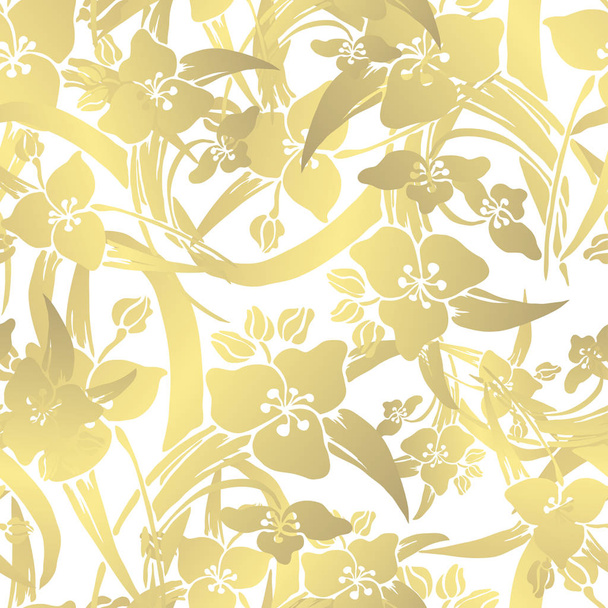 Golden seamless pattern with lily flowers, design elements. Floral  pattern for invitations, cards, print, gift wrap, manufacturing, textile, fabric, wallpapers - Vektor, obrázek