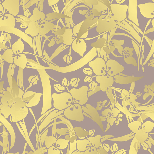 Golden seamless pattern with lily flowers, design elements. Floral  pattern for invitations, cards, print, gift wrap, manufacturing, textile, fabric, wallpapers - Wektor, obraz
