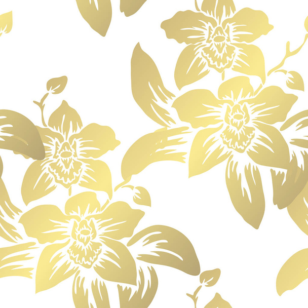 Golden seamless pattern with orchid flowers, design elements. Floral  pattern for invitations, cards, print, gift wrap, manufacturing, textile, fabric, wallpapers - Вектор, зображення