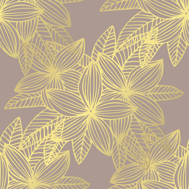 Golden seamless pattern with plumeria flowers, design elements. Floral  pattern for invitations, cards, print, gift wrap, manufacturing, textile, fabric, wallpapers - Vektor, Bild
