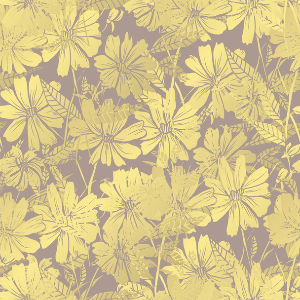 Golden seamless pattern with chamomile flowers, design elements. Floral  pattern for invitations, cards, print, gift wrap, manufacturing, textile, fabric, wallpapers - Vecteur, image