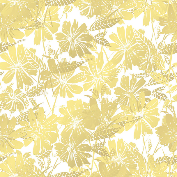 Golden seamless pattern with chamomile  flowers, design elements. Floral  pattern for invitations, cards, print, gift wrap, manufacturing, textile, fabric, wallpapers - Wektor, obraz