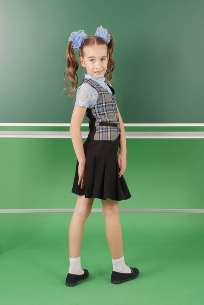Cute girl schoolgirl near blackboard the concept of education and school life - Фото, изображение