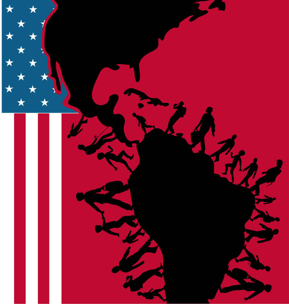 silueta de la gente de inmigración se mueve a EE.UU. en la bandera
  - Vector, imagen