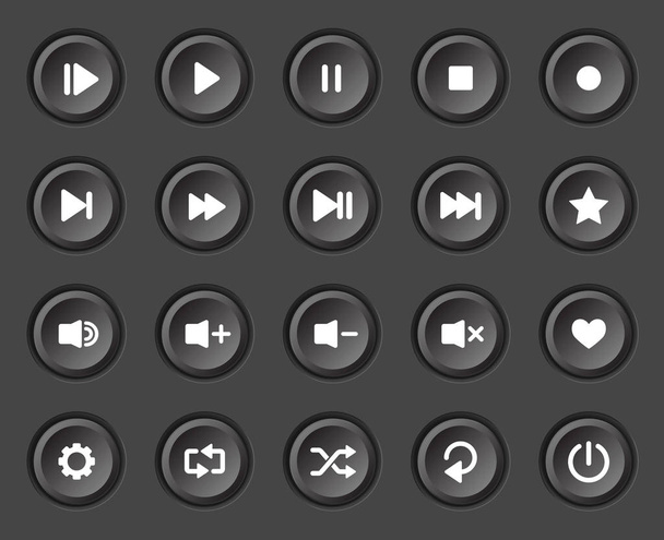 Player navigation buttons set. Black plastic control panel. - Vetor, Imagem