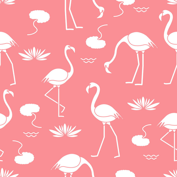 Seamless pattern with flamingo, flowers and leaves water lilies. Design for poster or print. - Вектор, зображення