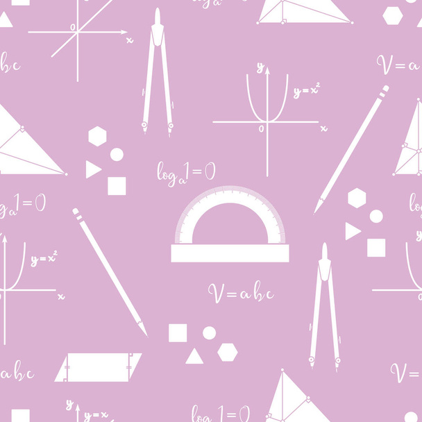 Mathematical scientific vector seamless pattern with geometry plots, tools and formulas. Education elements. Compasses, protractor, pencil, graphics, straight, parabola, formulas, triangle, parallelogram. - Вектор,изображение