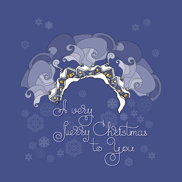 A very Merry Christmas to You. Christmas greeting card with handwritten lettering. Vector illustration of a winter night, houses under the snow, smoke rising in the sky. - Vector, Image
