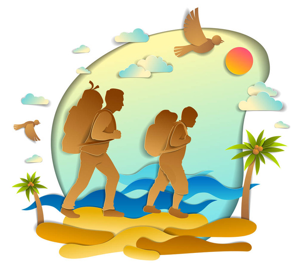 Отец и сын-подросток отправляются на дикий пляж с морскими океанскими волнами и пальмами, отцовством и отцовством. Векторная иллюстрация красивых пейзажей, птиц в небе, летние каникулы
. - Вектор,изображение