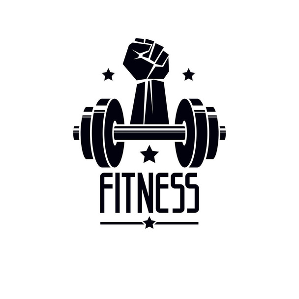 Tornaterem és fitness logo-sablon, retro stílusú vektor jelkép. Súlyzó és erős ököl. - Vektor, kép