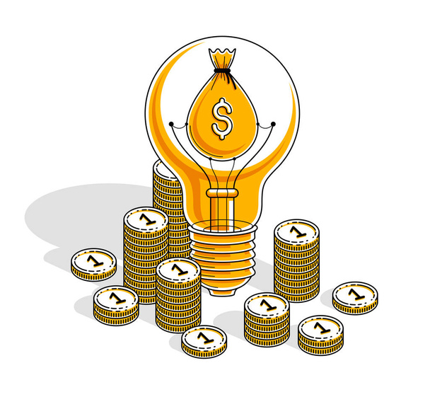Business creative Idea concept, Light Bulb with cash money stack and coins piles. 3d vector business and finance design, isometric thin line illustration. - ベクター画像
