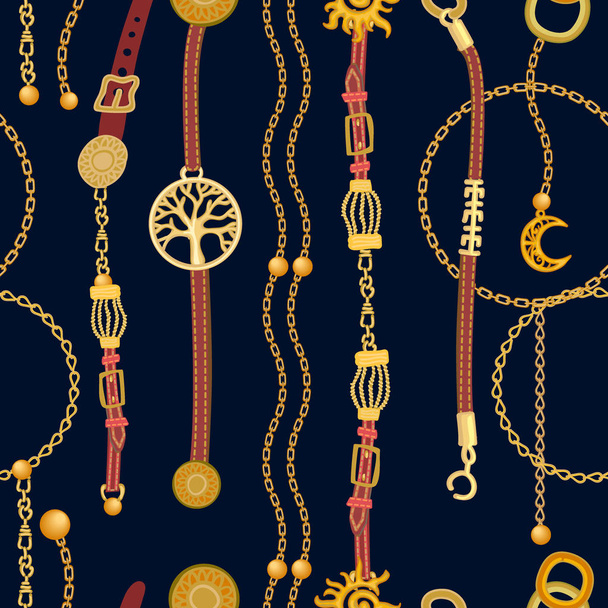 Luxurious print with chains, pendants, straps and cords. - ベクター画像