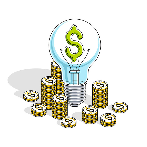 Business creative Idea concept, Light Bulb with cash money stack and coins piles. 3d vector business and finance design, isometric thin line illustration. - Vector, afbeelding