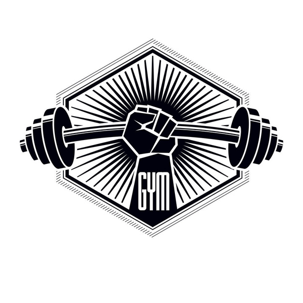 Gym weightlifting and fitness sport club logo, retro stylized vector emblem or badge. With barbell and strong hand fist. - Vector, Image
