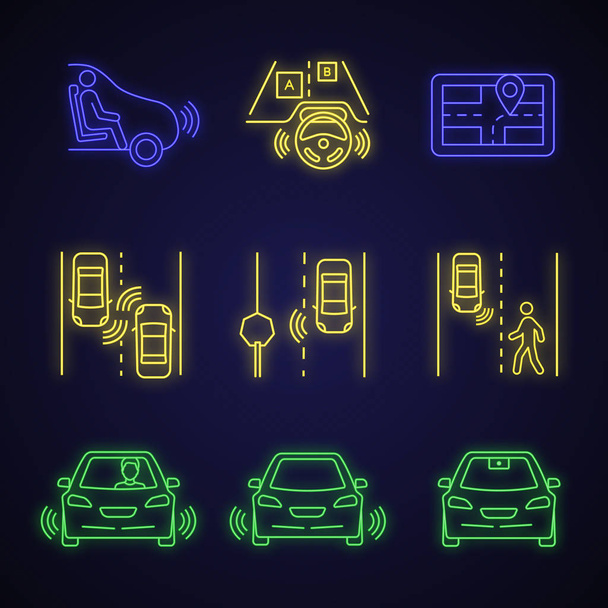 Autonóm autó neon fény ikonok beállítása. Önálló vezetés autó. Érzékelők, videó kamera kimutatására a közúti jelzéseket, a gyalogosok, a más járművek. Izzó jelei. Elszigetelt vektor illusztrációk - Vektor, kép