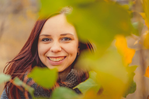 Girl on a background of yellow leaves of autumn trees. Autumn photo session. Autumn woman walking outdoors - Fotografie, Obrázek