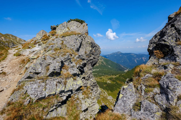 rocky mountain tops with hiking trails in autumn in Slovakian Tatra western Carpathian with blue sky and late grass on  hills. Empty rocks in bright daylight, far horizon for adventures. - Photo, Image
