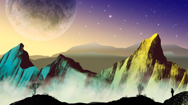 Entdecker Astronaut in Science-Fiction-Landschaft mit Planeten und Bergen. Elemente für die Nasa - Foto, Bild
