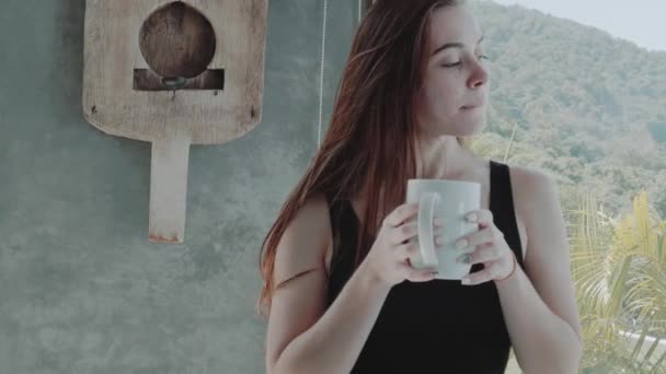 Muotokuva kaunis punaiset hiukset tyttö juo kahvia tai tee hänen moderni huoneisto - video hidastettuna
 - Materiaali, video