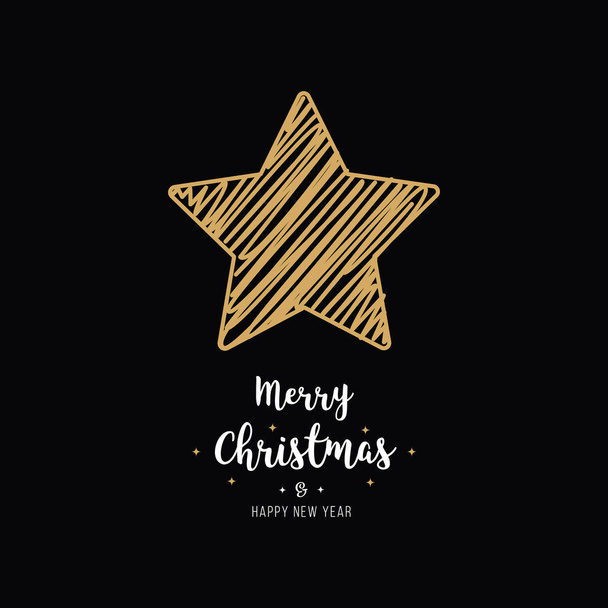 christmas gold star card scribble drawing greeting black background - Vector, Image