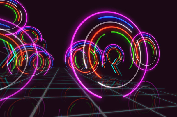 Abstract background with neon light circles in 3D perspective. Futuristic illustration. - Photo, Image