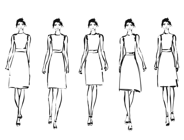 Modelos de moda en blanco y negro en estilo sketch. Ilustración vectorial dibujada a mano. Pose
 - Vector, imagen