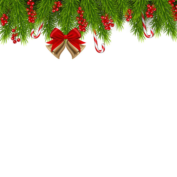 Christmas background with fir branches and red berries, isolated on white background. - Vector, Image