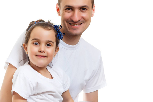 Porträt von lächelnden Vater und Tochter isoliert auf einem weißen - Foto, Bild