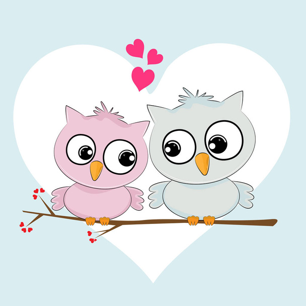 Greeting card two loving owls, happy birds are sitting on a tree. Picture for t-shirt graphics for kids and other - Vektör, Görsel