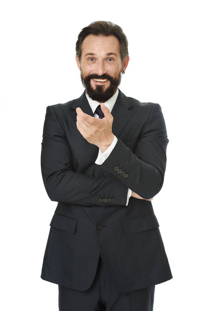 Can you believe that. Man bearded cheerful businessman tell unbelievable story isolated white. Pleasant communication with businessman. Businessman share funny story. Amazing business news - Φωτογραφία, εικόνα