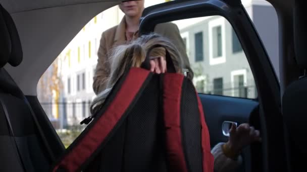 Kaunis äiti ajaa tyttärensä kouluun
 - Materiaali, video