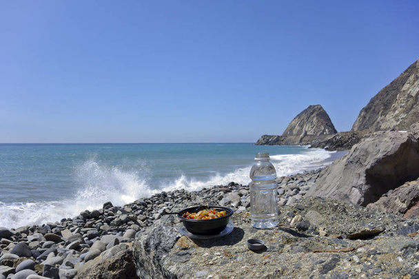 Bowl with veggie, chicken and soft drink bottle at Thornhill beach near Point Mugu, Ventura, CA (focus on food) - Photo, Image