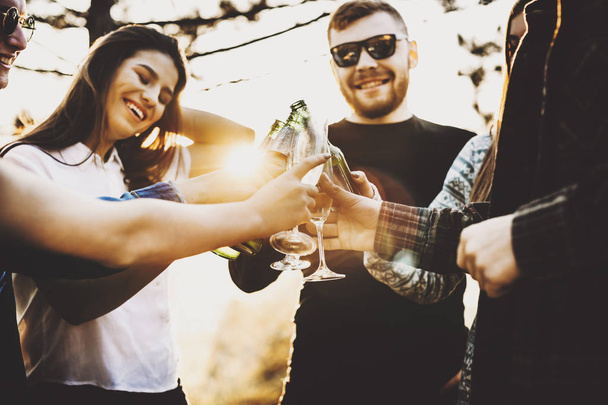 Group of young people smiling and clinking glasses and bottles of alcohol while standing in wonderful countryside against bright sun - Foto, Bild