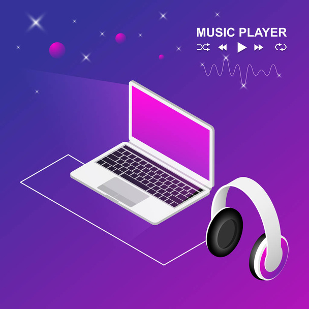 Vektorové ilustrace laptop a sluchátka, on-line hudební přehrávač izometrické design - Vektor, obrázek