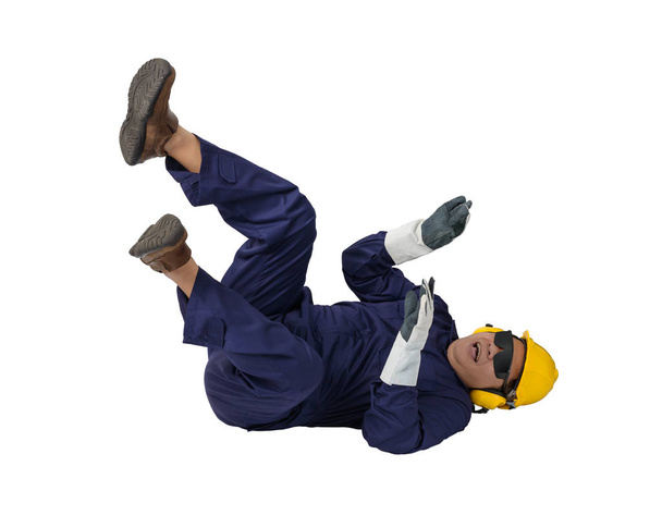 worker in Mechanic Jumpsuit with helmet, earmuffs, Protective gloves and Safety goggles had an accident at work isolated on white background clipping path - Photo, Image