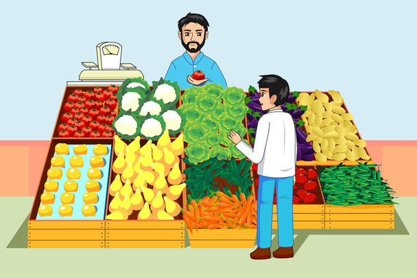 A vector illustration of Boy Buying Vegetables and Fruits at Farmers Market - Vector, Image