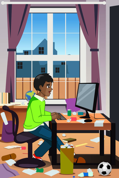 A vector illustration of Teenager Working on His Computer  - Vector, Image