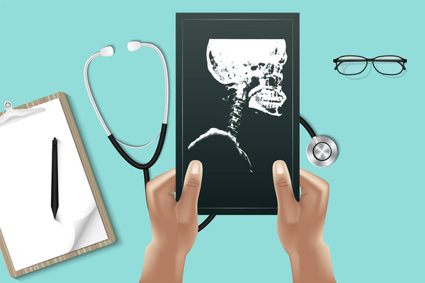 Nahaufnahme Arzt Hände hält Röntgenfilm für die Untersuchung der gesundheitlichen Probleme des Patienten., Gesundheits- und Beschäftigungskonzept, Vektor, Illustration. - Vektor, Bild