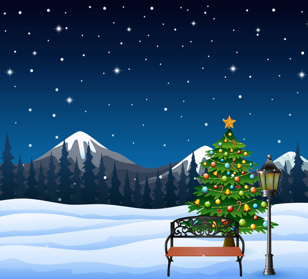 Karikatur des Weihnachtsbaums geschmückt und Bank mit einem Berg Hintergrund - Vektor, Bild