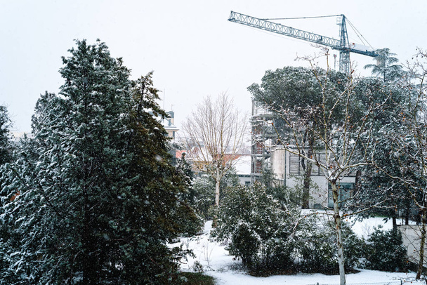 Snowed construction site with crane in Madrid - Photo, Image