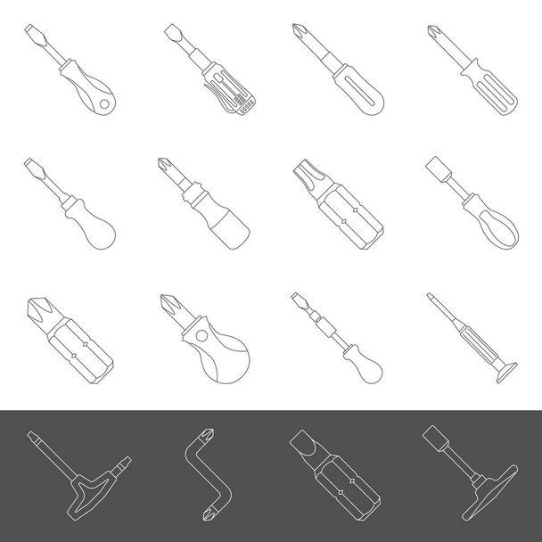 Ícones de linha - Dezesseis tipos diferentes de chaves de fenda
 - Vetor, Imagem