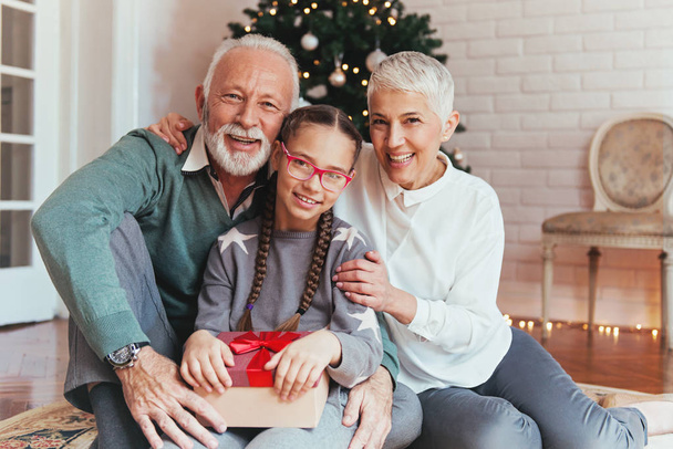 Grandparents and their granddaughter gathered around a Christmas tree, smiling  - Фото, зображення