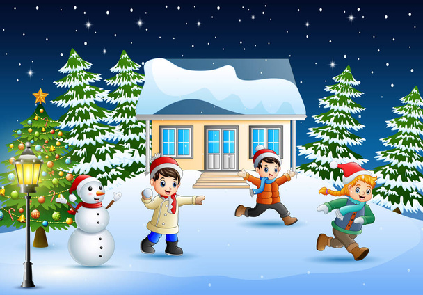Happy kids wearing a winter clotes playing a snow in christmas day - Vector, Image
