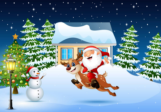 Счастливого Санта Клауса, скачущего на северном олене в снежной деревне
 - Вектор,изображение