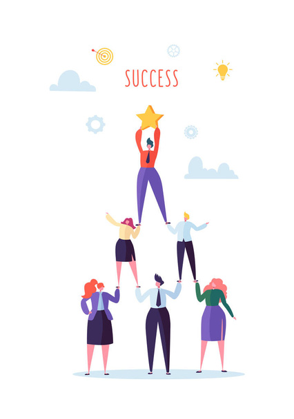 Successful Team Work Concept. Pyramid of Business People. Leader Holding Star on the Top. Leadership, Teamworking and Goal Achievement. Vector illustration - Vector, Image