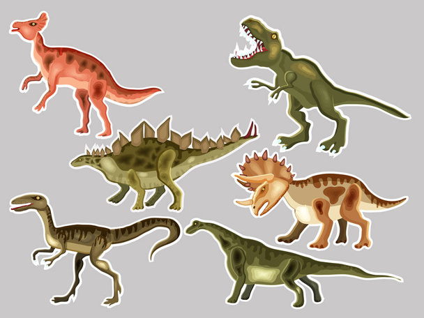 T-Rex, Tyrannosaur'u, Velociraptor, Triceratops, dinozor, Parasaurolophus, Stegosaurus. Sevimli vektör karikatür dinozorlar, yamalar ve etiketlerini koleksiyonu kümesi.  - Vektör, Görsel
