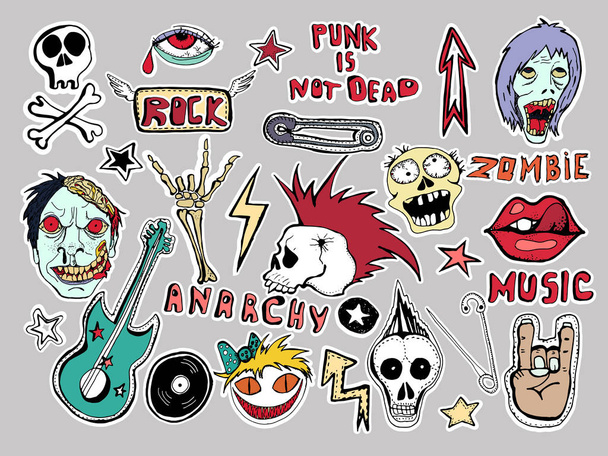 Cute  patches and stickers collection. Punk is not dead. Hand drawn sketches. Lips skull pins guitar stars arrows red eyes rock symbols zombies scary dead man vinyl record hand written tag lines.  - ベクター画像