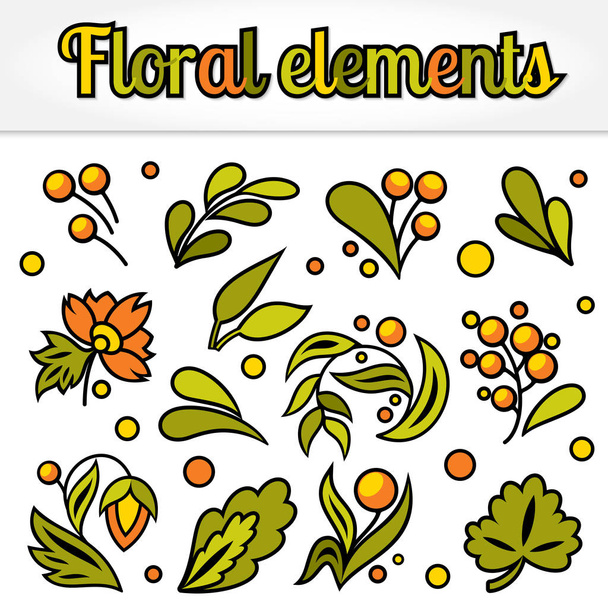 Set of simple bright motley floral elements drawn by hand for design, decoration of cards, creating frames. Isolated on white background. EPS10 vector illustration. - Vector, afbeelding