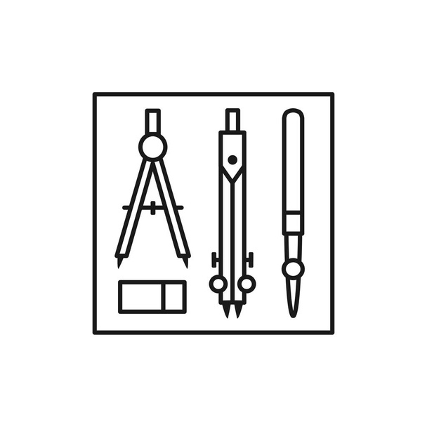 Black & white vector illustration of drafting kit with compass dividers, ruling pen. Line icon of instruments for architect, drafter, draftsman. Technical & mechanical drawing tools. Isolated objects on white background - Vector, Image