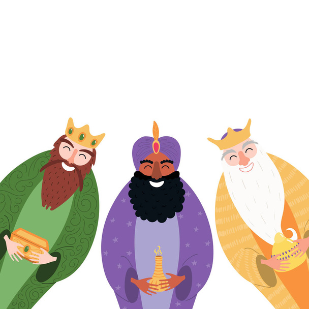 Hand drawn vector illustration of three kings of orient with gifts Isolated on white background. Flat style design, elements for Epiphany card - Vector, Image